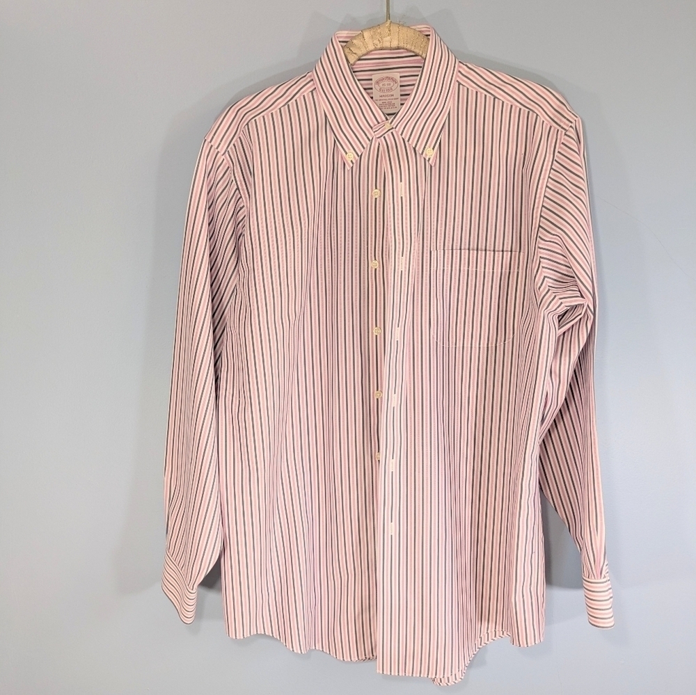 Brooks Brothers Pink Navy Striped Madison Non-Iron Cotton Button Down Shirt